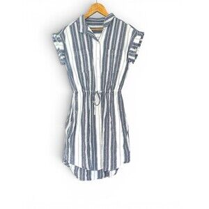 Blue White Striped Shirt Dress Coastal Cowgirl Linen Look Midi Pockets S M